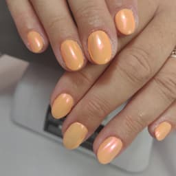 Strengthened gel mani with chrome bronze nail art